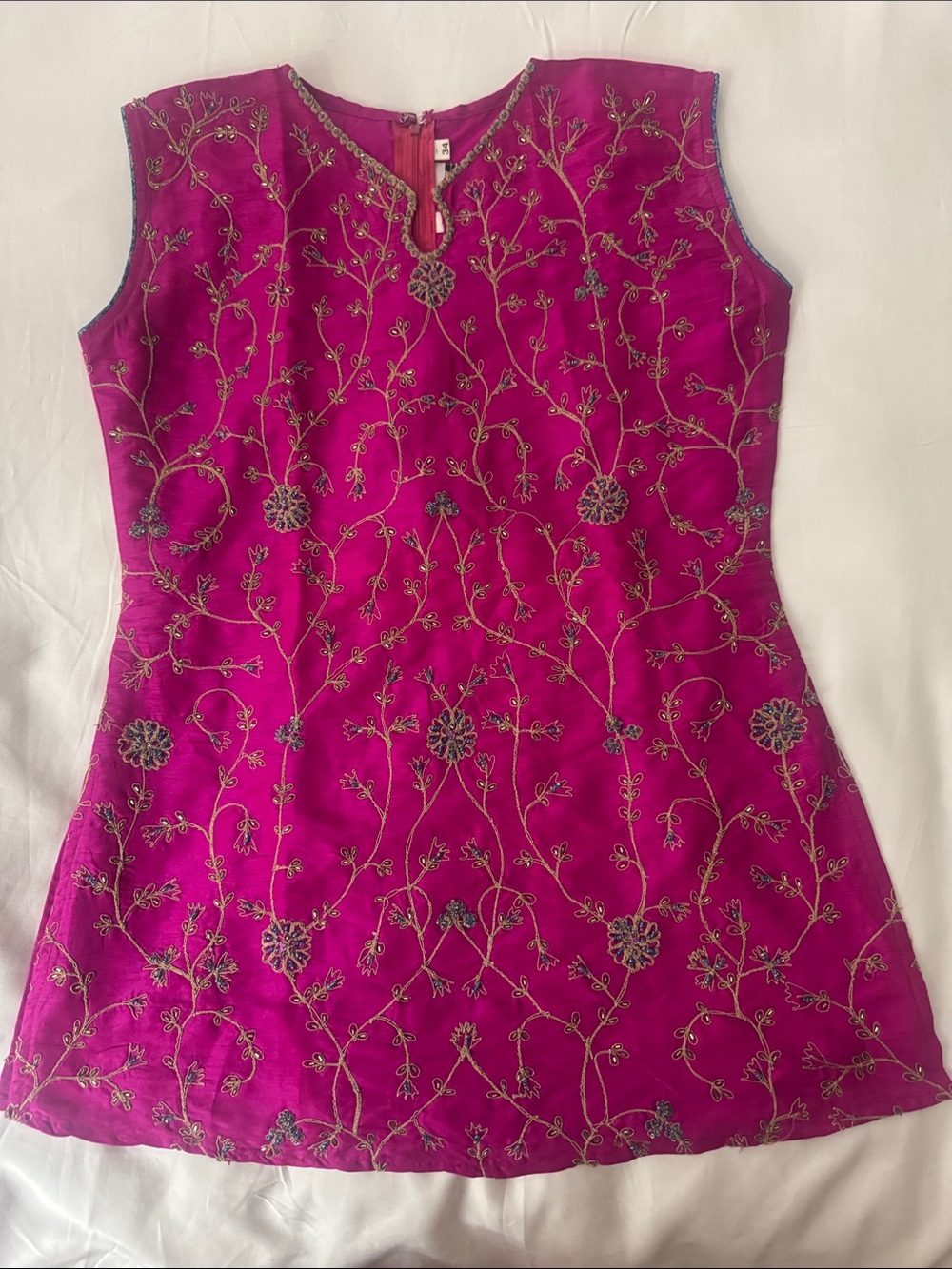 Embroidered Pure Silk Sleeveless Tunic Top in Fuchsia Pink.